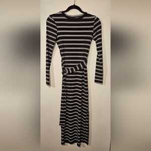 Topshop Black Tan White Striped Ribbed Knit Belted Midi Dress | Size 4 (UK 8)